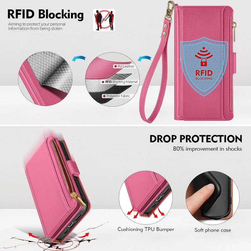 Antsturdy Compatible with iPhone 16 Pro Max Wallet Case,RFID Blocking PU Leather Phone Case Women Men Kickstand flip Cover Wrist Strap Zipper Credit Card Holder Slots for Apple 16 ProMax,Hot Pink - Image 4